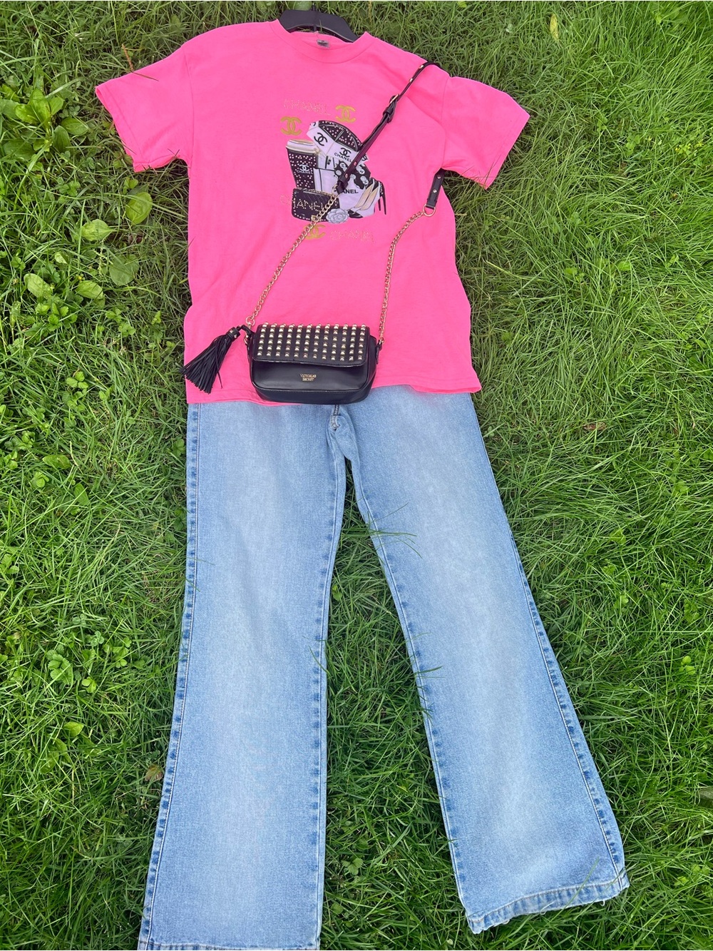 New Vintage Gildan COTTON T-shirt tee Chanel Neon Pink oversized M quilted beads